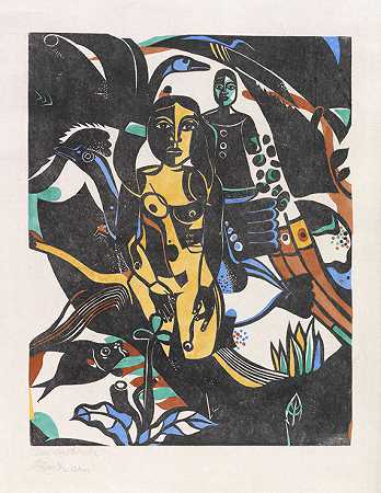 事件（女孩与鱼和鸟），1920年。 by Heinrich Campendonk