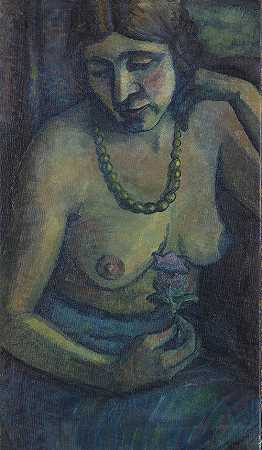 蓝色自画像（半裸配珍珠项链），1917/1922年左右。 by Dorothea Maetzel-Johannsen