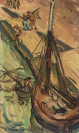码头壁上的帆船，1920/1925年左右。 by Emile-Othon Friesz