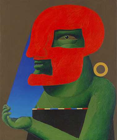 1972年红色面罩和蓝色视野的肖像。 by Horst Antes