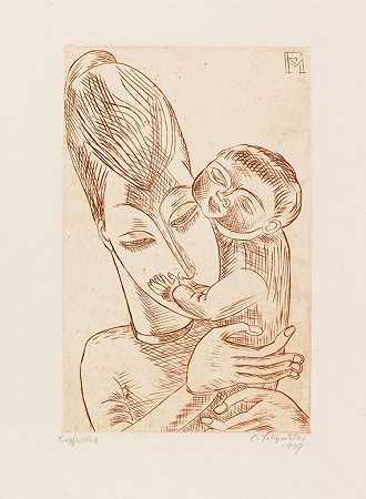 儿子（我的妻子和儿子），1919年。 by Conrad Felixmüller