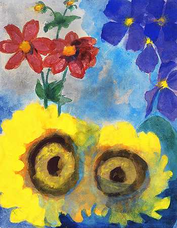 向日葵，红色和蓝色花朵，约1930/40年。 by Emil Nolde