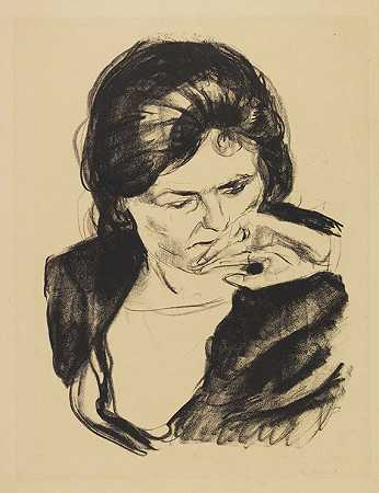 手放在嘴上的女人的头，1920年。 by Edvard Munch