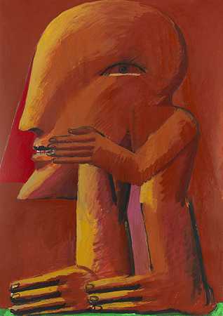赭石前的红色蒙面人像，嗯，1975年。 by Horst Antes