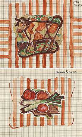 韭菜和西红柿，牛（设计图纸），1950年。 by Otto Dix