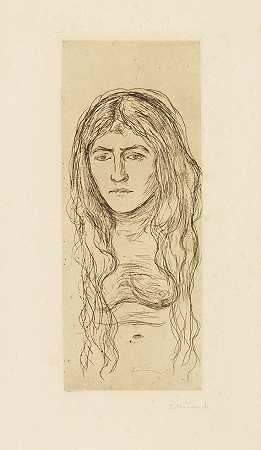 留着长发的女人，1896年。 by Edvard Munch