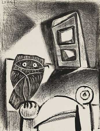 猫头鹰在椅子上，1947年。 by Pablo Picasso