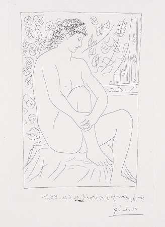 裸体女人坐在窗帘前，1931年。 by Pablo Picasso