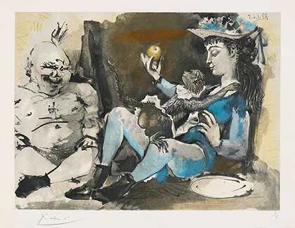《猴子和苹果》，1954年。 by Pablo Picasso