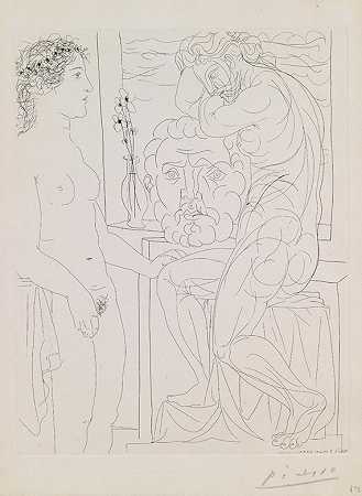 裸体模特和雕塑，1933年。 by Pablo Picasso