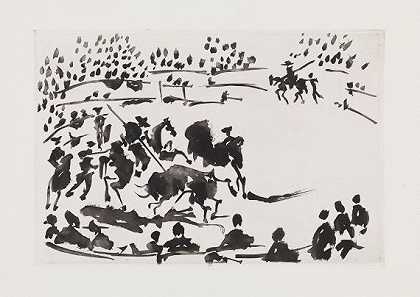 1957年，斗牛士用镐逼公牛。 by Pablo Picasso