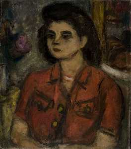 穿着红裙子的女人，约1945年 by Béla Czóbel