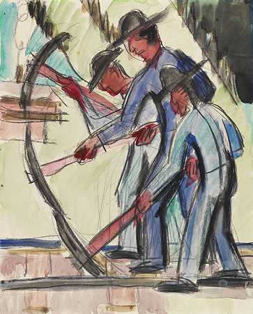 铁轨工人，1926年。 by Ernst Ludwig Kirchner