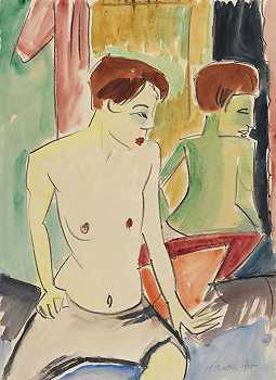 二幕（坐在镜子前的女人），1920年。 by Hermann Max Pechstein 