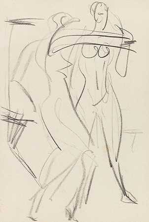 工作室：1930年后的两位女性裸体。 by Ernst Ludwig Kirchner