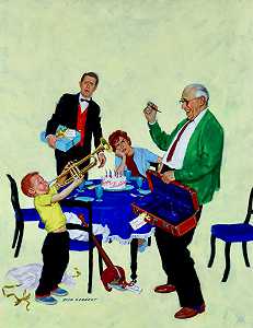 1952年，一个男孩在生日宴会上吹喇叭 by Richard Sargent