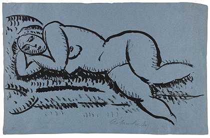 裸体躺着闭着眼睛的女性，大约1912年。 by Alexej von Jawlensky