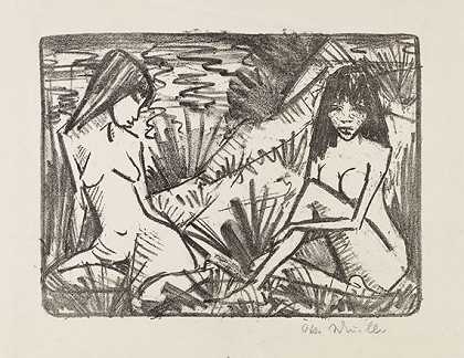 1921/22年，两个女孩坐在沙丘上。 by Otto Mueller