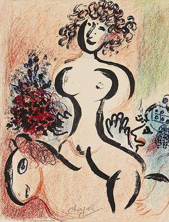 1965年，带花束的骑士。 by Marc Chagall