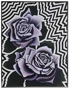 1974年的两朵紫罗兰玫瑰，油画上的欧普艺术花卉油画，1970-1979年 by Lowell Nesbitt