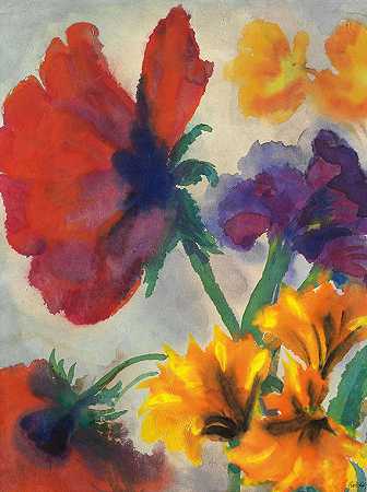 罂粟花，黄色和蓝色的花，1935年。 by Emil Nolde