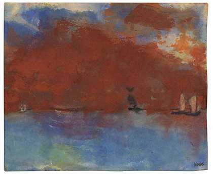 1946年，红色夜空下的海景。 by Emil Nolde