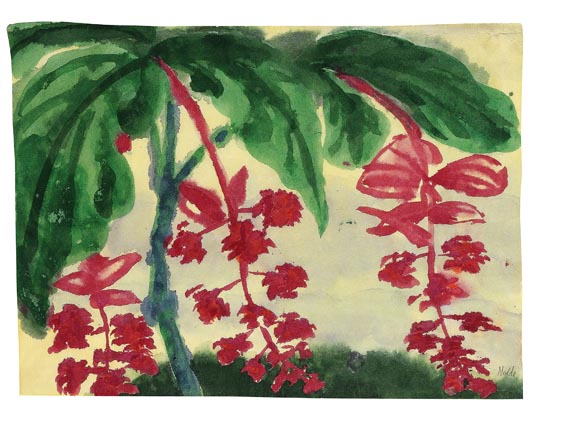 有大绿叶和红色伞形花序的植物，1925年。 by Emil Nolde