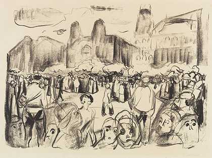 1922年，拉特诺·利弗德（Rathenaus likferd）领导下的法兰克福班霍夫斯广场（Rathenau葬礼期间的法兰克福班霍夫斯广场上的大众）。 by Edvard Munch