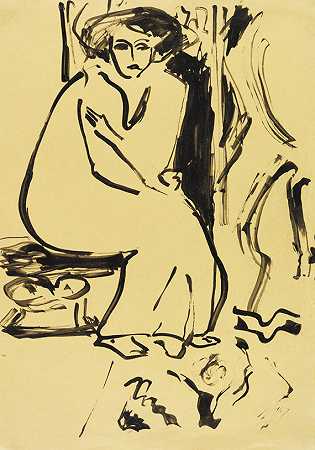 穿着长裙坐着，1910年。 by Ernst Ludwig Kirchner