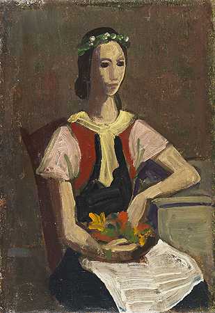 《带花的女孩》，约1937年。 by Karl Hofer