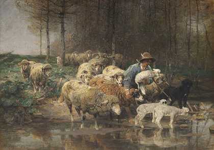1884年《水边牧人与牧群》。 by Heinrich von Zügel