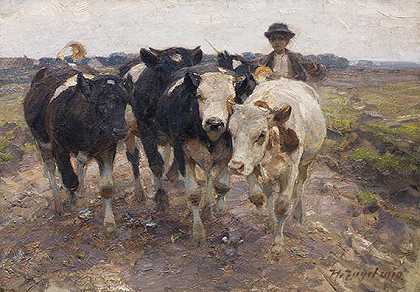 1910年，牧羊人带着小牛。 by Heinrich von Zügel