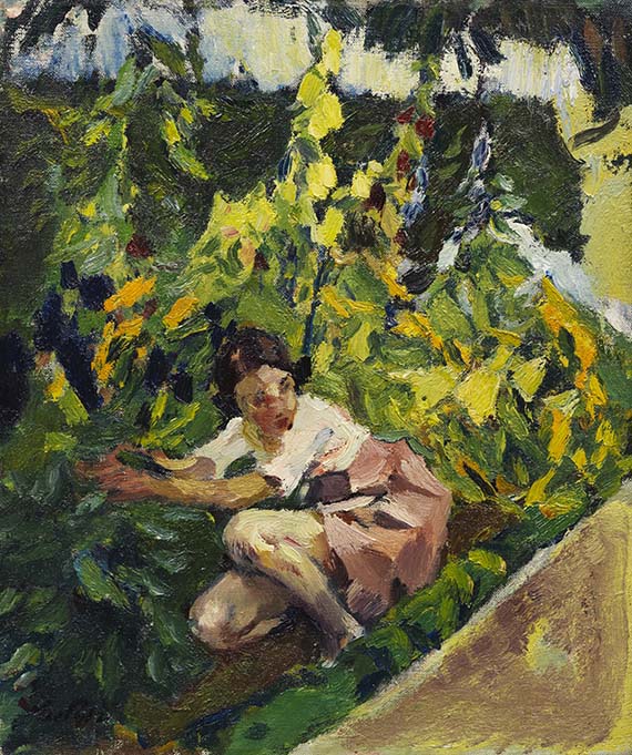托妮在花坛，1924年。 by Leo Putz