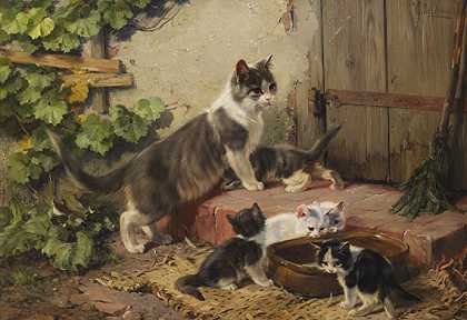 牛奶碗的猫科动物，约1890年。 by Julius II Adam