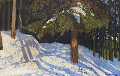 雪中的松林，1909年。 by Fritz Overbeck