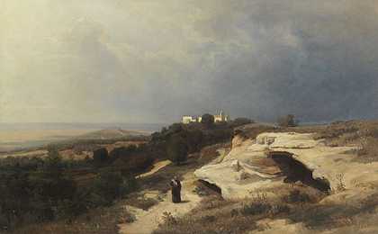 《流浪僧侣的战役风景》，1850年。 by Oswald Achenbach