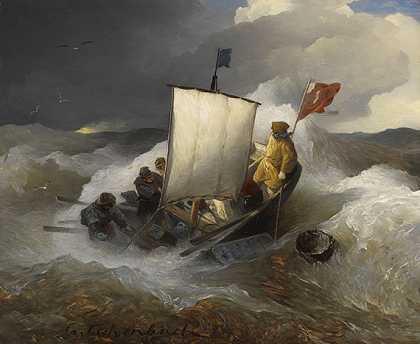 风暴海上的渔船，1895年。 by Andreas Achenbach