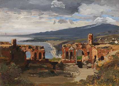 从陶尔米纳的古剧场到埃特纳山的风景，1883年。 by Carl Wuttke