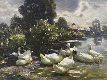1915-1920年《水边八只鸭子》。 by Alexander Koester