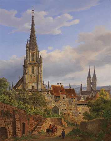 内卡埃斯林根风景，1841年。 by Heinrich Adam