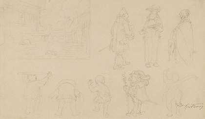 第二层：一位年轻女士的全人像。1855年左右的草图，包括8人的草图，包括侏儒，以及带有门、房子、狗和树的花园构图。 by Carl Spitzweg