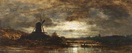 1855年左右，月光下的荷兰河景观。 by Eduard Schleich d. Ä.