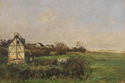 这是一幅风景画，有半木结构的房子和农夫的妻子，拍摄于1890年。 by Jean-Baptiste Antoine Guillemet
