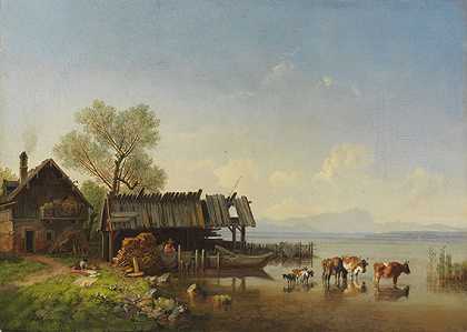 1850年左右，斯塔恩堡湖可以看到维特斯坦山脉。 by Heinrich Bürkel