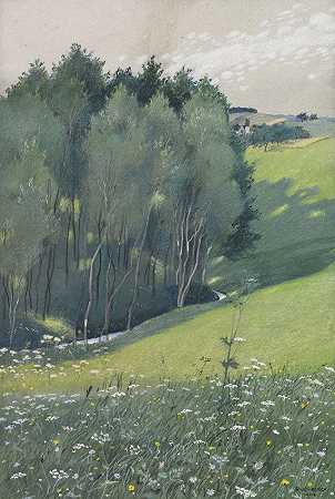 春天的草地（小溪），1902年。 by Rudolf Sieck
