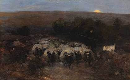 1905年，日出时分，海茨努肯的羊群归来。 by Heinrich von Zügel
