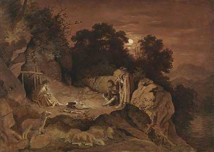 火边牧羊人（夜景），约1861年。 by Adrian Ludwig Richter