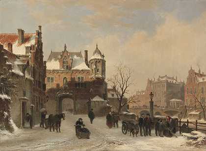 冬季城市景观，可能在1840年。 by Bartholomeus Johannes van Hove