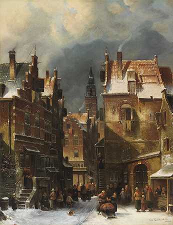 冬季城市景观，1839年。 by Charles Leickert