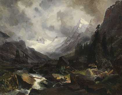 1860年左右，有山涧的山谷。 by Carl Hummel